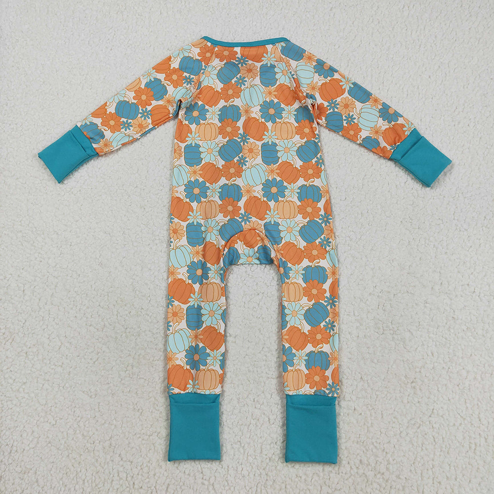 RTS NO MOQ (In stock)LR2461 Baby Boys Winter Rompers Baby Boys Colorful Pumpkins Flowers Fall Zipper Footie Rompers
