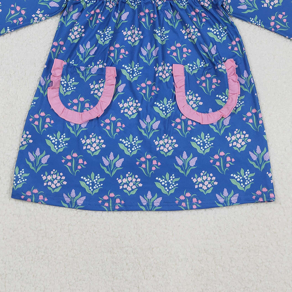 RTS NO MOQ (In stock)GLD1257 Baby Girls Winter Dress Knee-Length Dress with Blue Flowers And Pockets Cute Child's Fashion Outfit