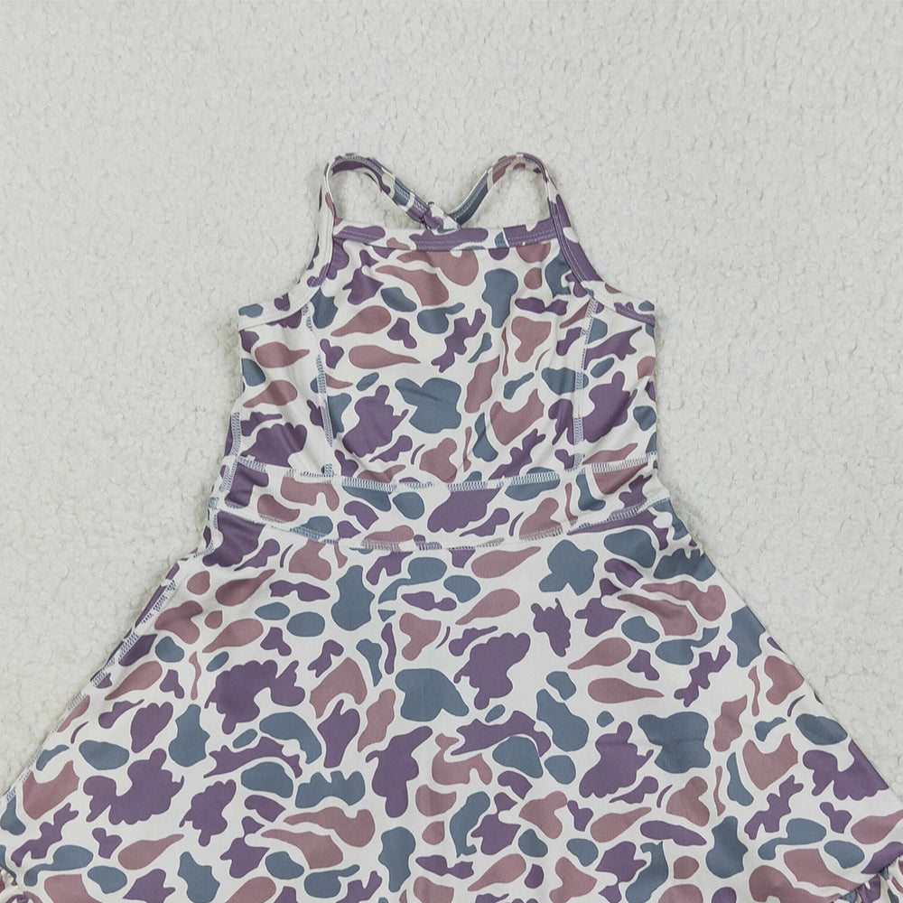 6.16 GSD2310 RTS NO MOQ Baby Girls Summer Yoga Dress Baby Girls Strap Lavender Camo Yoga Ruffle Knee Length Dresses