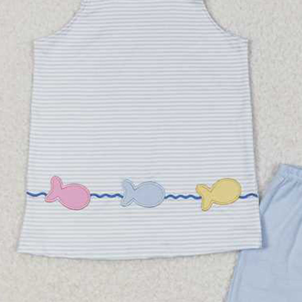 5.28 GSSO0809 RTS NO MOQ Baby Girls Summer Outfits Straps stripe fish top ruffle shorts girls summer clothes