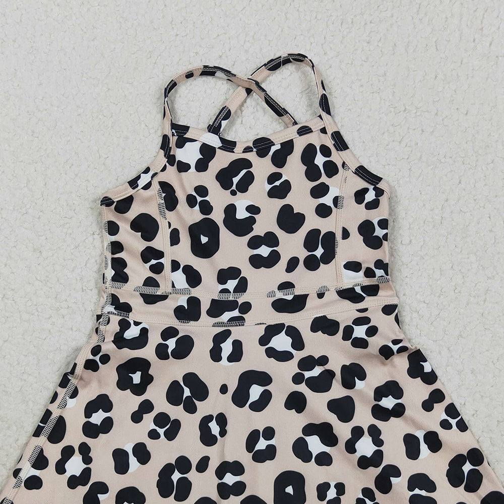 RTS NO MOQ (In stock)GSD2650 Baby Girls Yoga Dress Baby Girls Strap Leopard Shorts Yoga Active Knee Length Dresses