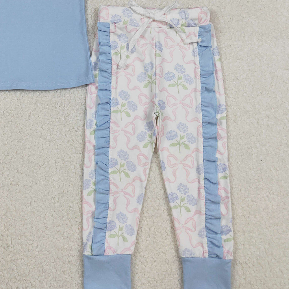 10.11 RTS NO MOQ (In stock)GSPO2069 Baby Girls Blue Button Shirts Top Floral Ruffle Leggings Clothes Sets