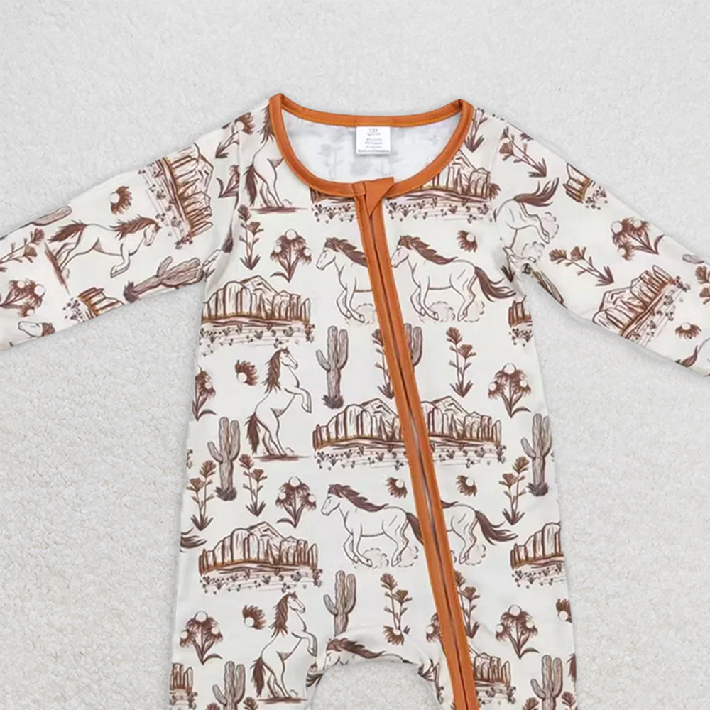 USA Shop (in stock)LR1164 Baby Girls Winter Rompers Long sleeves horse cactus baby kids western bamboo zipper romper