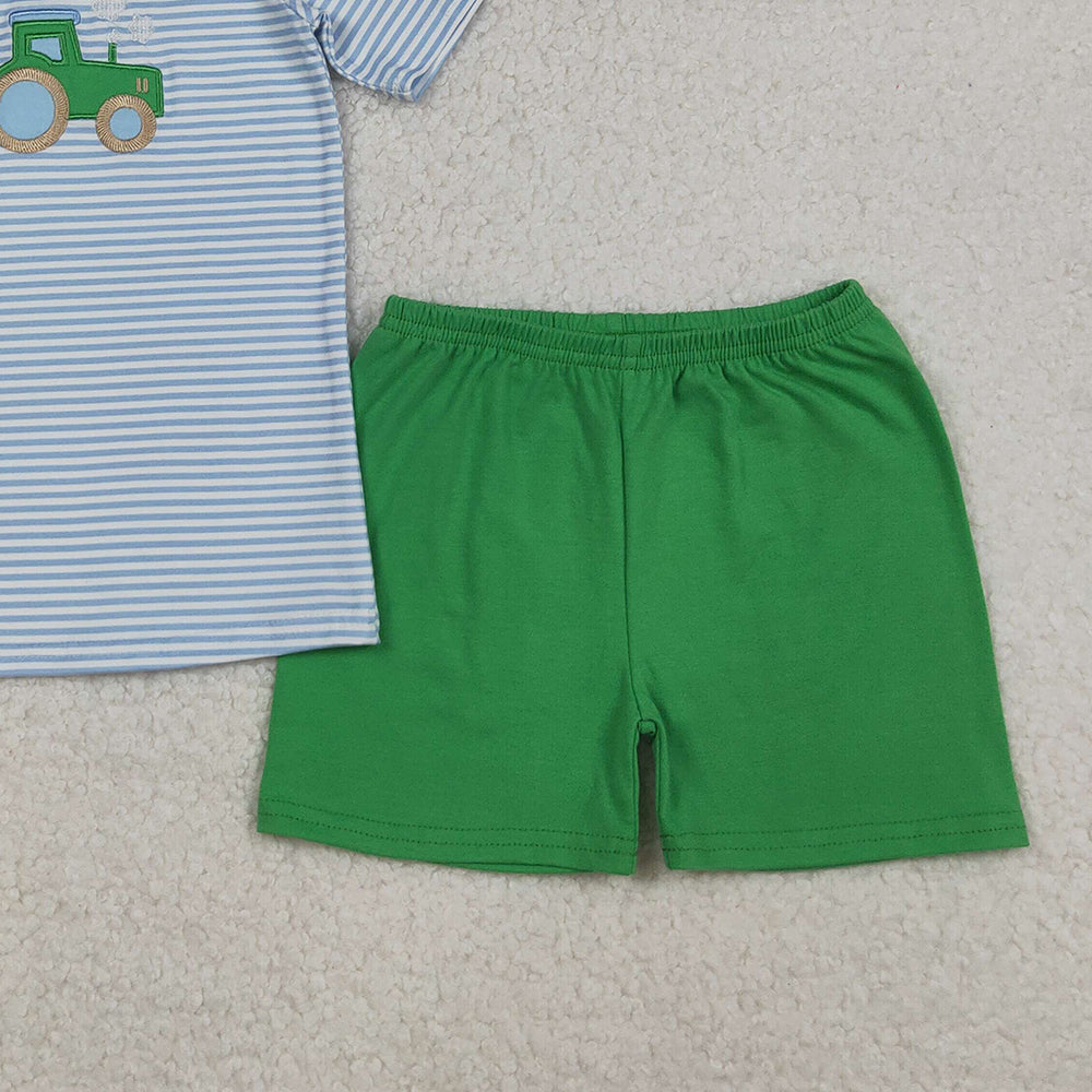 RTS NO MOQ (In stock)BSSO1549 Baby Boys Summer Boys Outfits Blue Stripe Truck Pumpkin Top Shorts Fall Clothes Sets