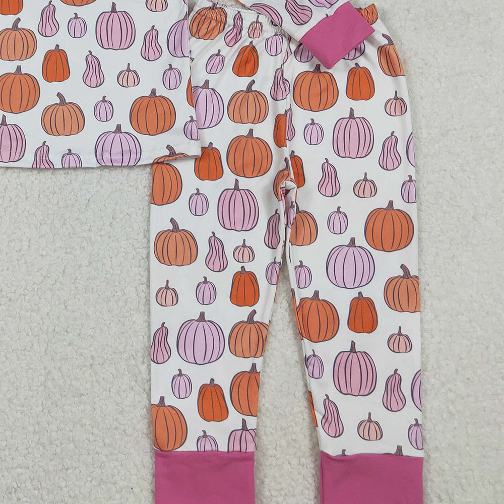 RTS NO MOQ (In stock)GLP2702 Baby Girls Winter Outfits Colorful Pumpkins Plaid Top Pants Fall Pajamas Sets