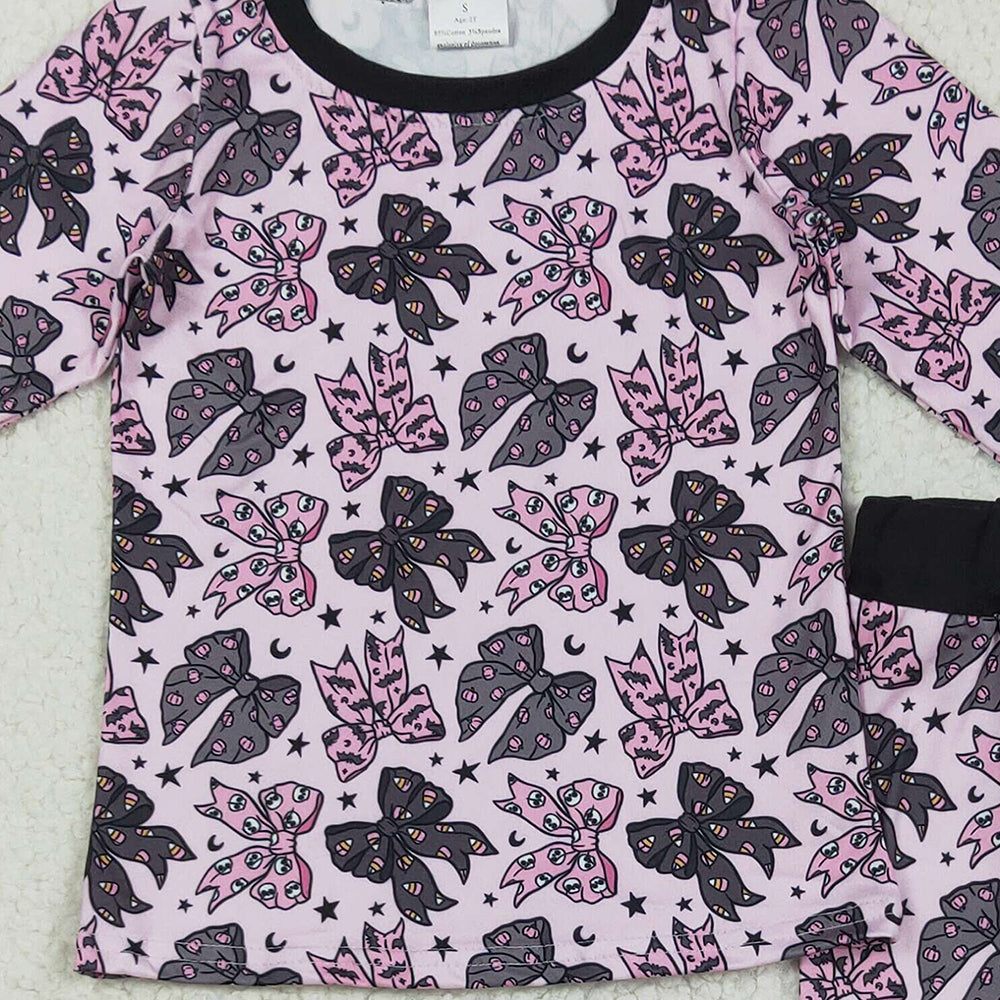 8.22 RTS NO MOQ (In stock)GLP2516 Baby Girls Winter Outfits Baby Girls Long Sleeves Black Pink Bows Stars Top Pant Pajamas Sets