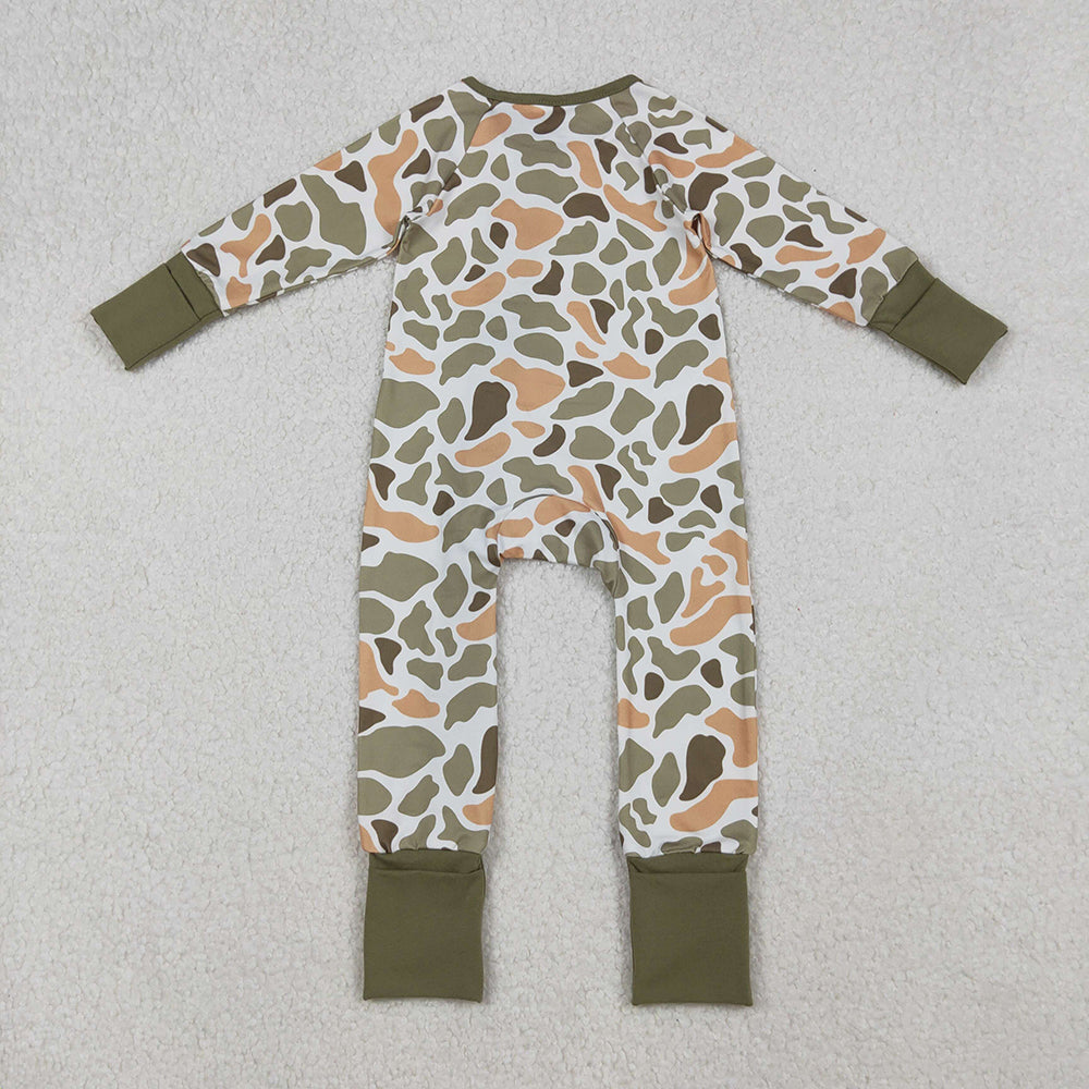 RTS NO MOQ (In stock)LR2578 Baby Boys Winter Rompers Green Yellow Camo Western Zipper Footie Rompers