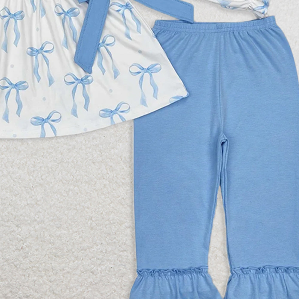 GLP2109 RTS NO MOQ Baby Girls Winter Outfits Light blue bow tunic ruffle pants girls clothing set