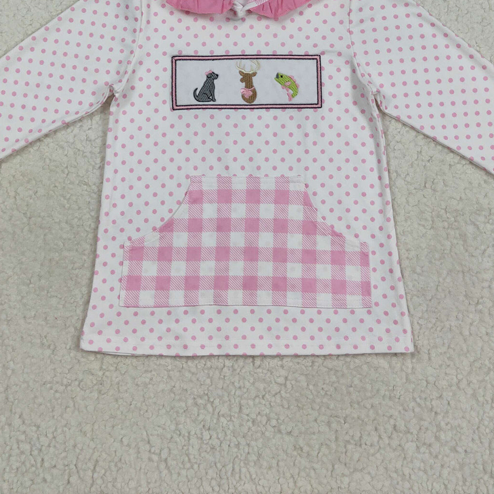 8.21 RTS NO MOQ (In stock)GT1106 Baby Girls Long Sleeve Tops Embroidery Dogs Deer Fish Baby Girls Polka Dots Pocket Hoodies Top