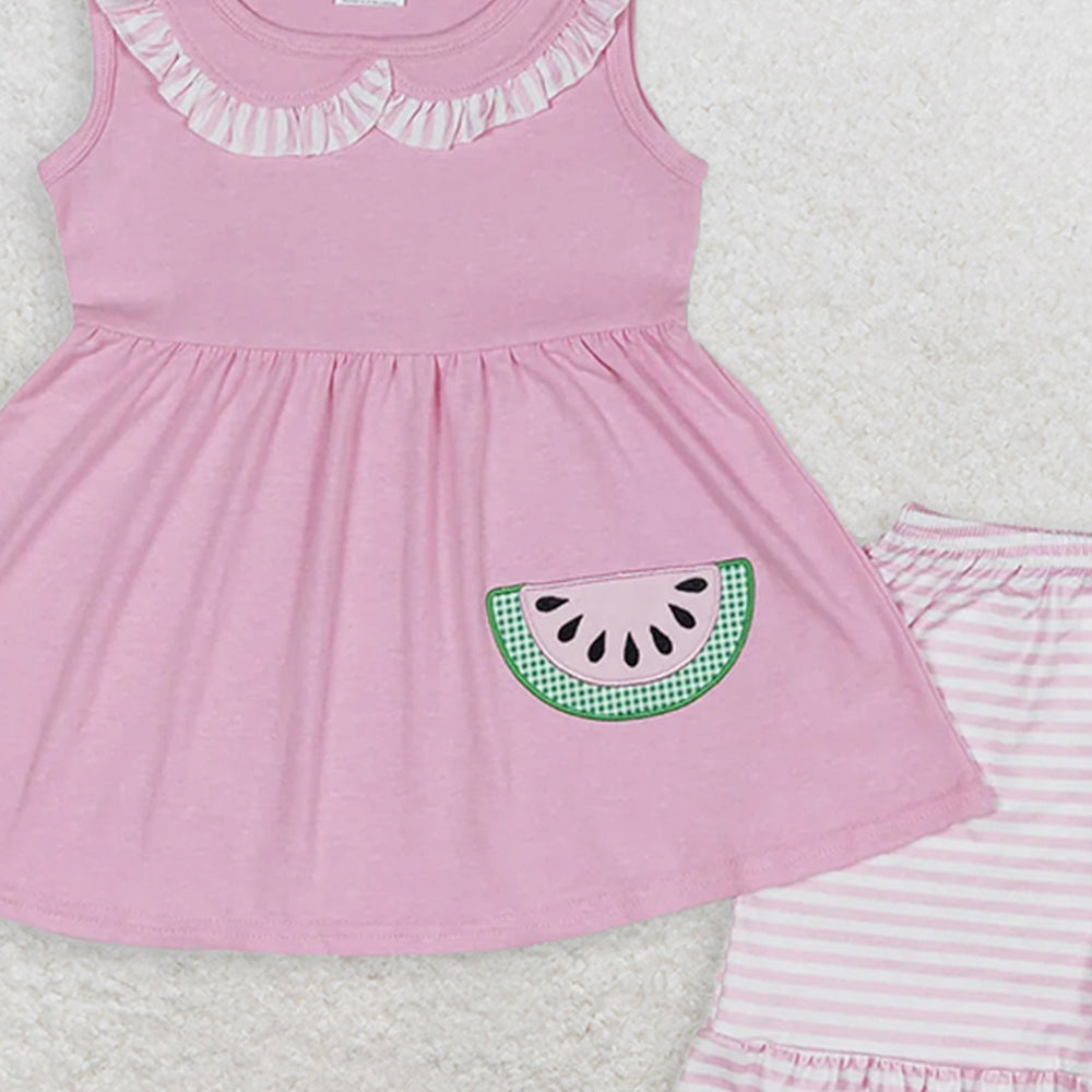GSSO1055RTS NO MOQ Baby Girls Summer Outfits Embroidered watermelon striped lace doll collar pink sleeveless shorts suit