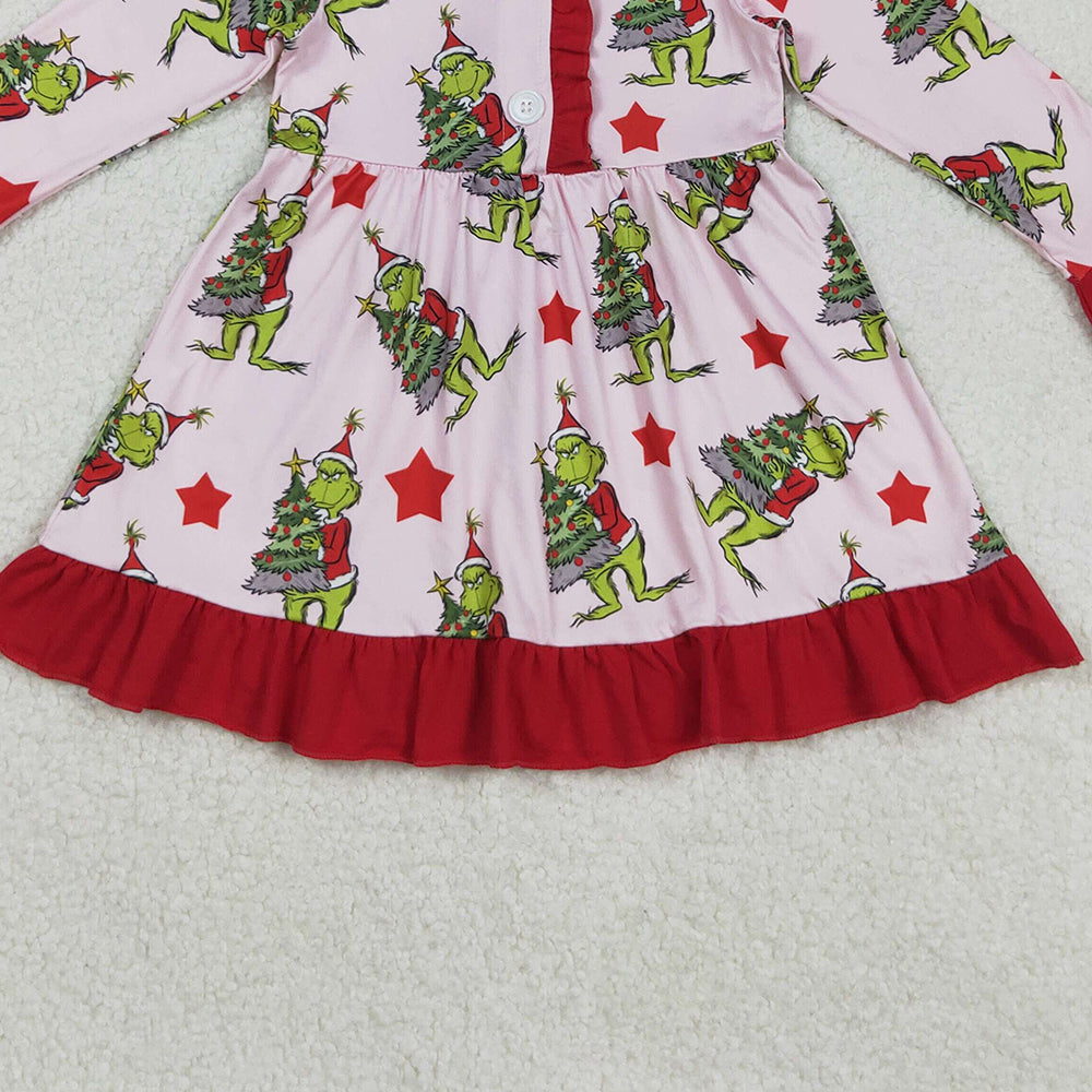 RTS NO MOQ (In stock)GLD1236 Baby Girls Winter Dress Long Sleeve Christmas Night Dress Red Stars Green Face Festive Holiday Party Dress