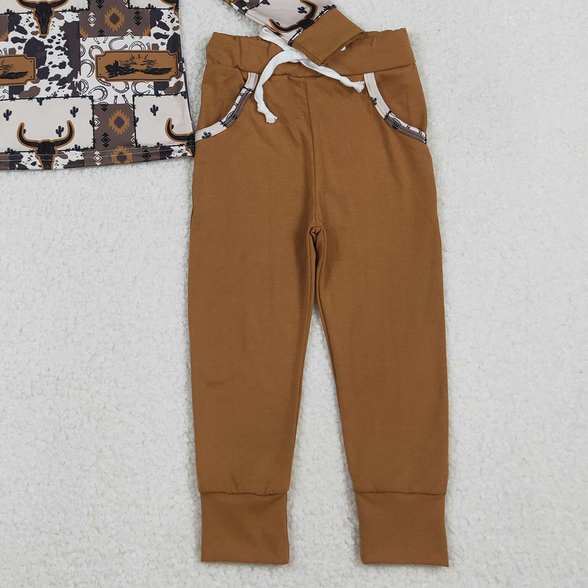 10.16 RTS NO MOQ (In stock)BLP1238 Baby Boys Winter Outfits Baby Boys Aztec Bull Skull Button Hoodies Pockets Pant Western Clothes Sets