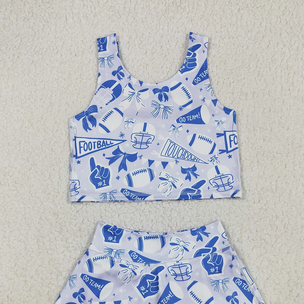 USA Shop (in stock)GSD2688 Baby Girls Yoga Outfits Baby Girls Team Blue Football Bows Vest Top Short Skirts Yoga Set