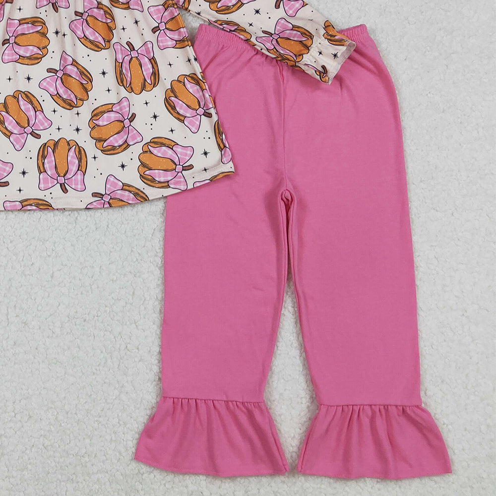 RTS NO MOQ (In stock)GLP2348 Baby Girls Winter Outfits Girls Long Sleeve Pumpkin Bow Tunic Pants Outfit Cute Fall Kids Clothing Set