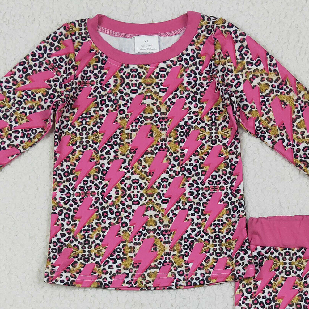 8.15 GLP2393 RTS NO MOQ Baby Girls Winter Outfits Baby Girls Long Sleeves Pink Lightning Leopard Top Pant Pajamas Set