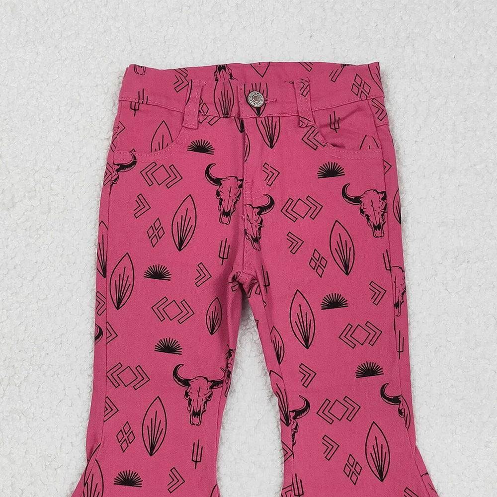 RTS NO MOQ (In stock)P0159 Baby Girls Denim Pants Western Style Pink Cow Embroidered Denim Bell Pants Casual Infant Outfit for Girls