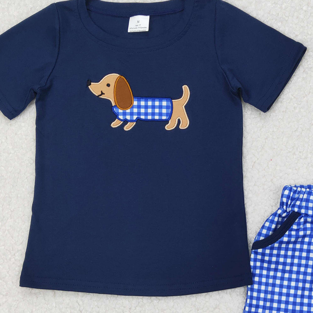4.10 BSSO1227 RTS NO MOQ Baby Boys Summer Boys Outfits Baby Boys Navy Short Sleeves Dog Print Top Plaid Pockets Short Set
