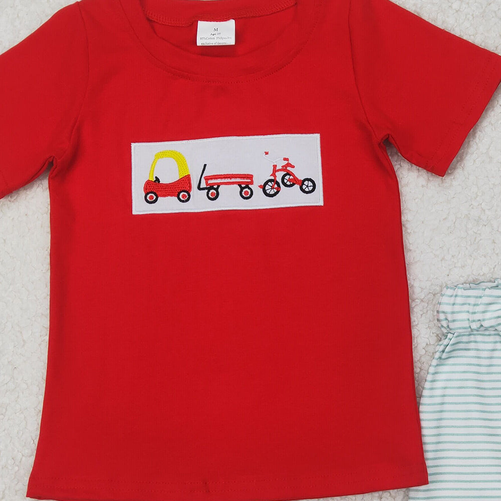 6.16 BSSO1432 RTS NO MOQ Baby Boys Summer Boys Outfits Embroidered bicycle red short sleeve green striped shorts set
