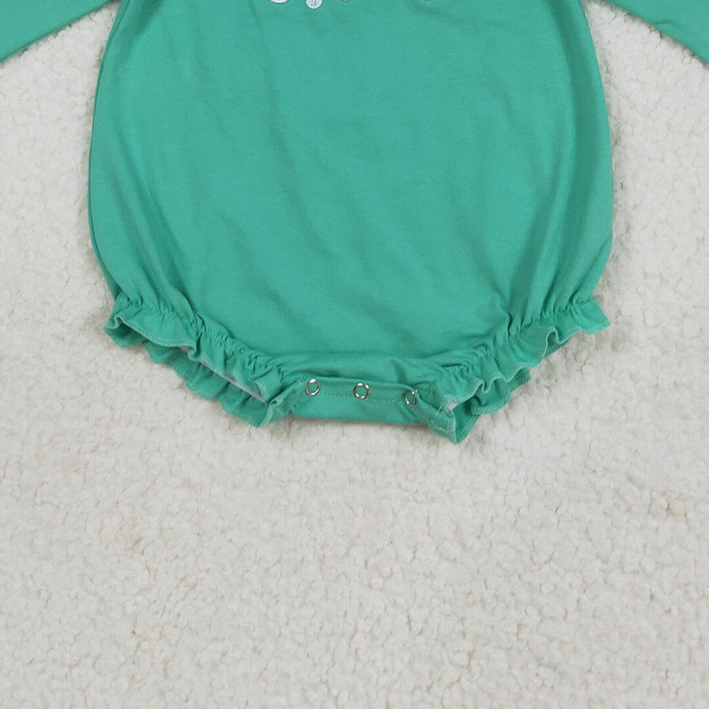 RTS NO MOQ (In stock)LR2411 Baby Girls Winter Rompers Embroidery Baby Girls Green Long Sleeves Santa Ruffle Rompers