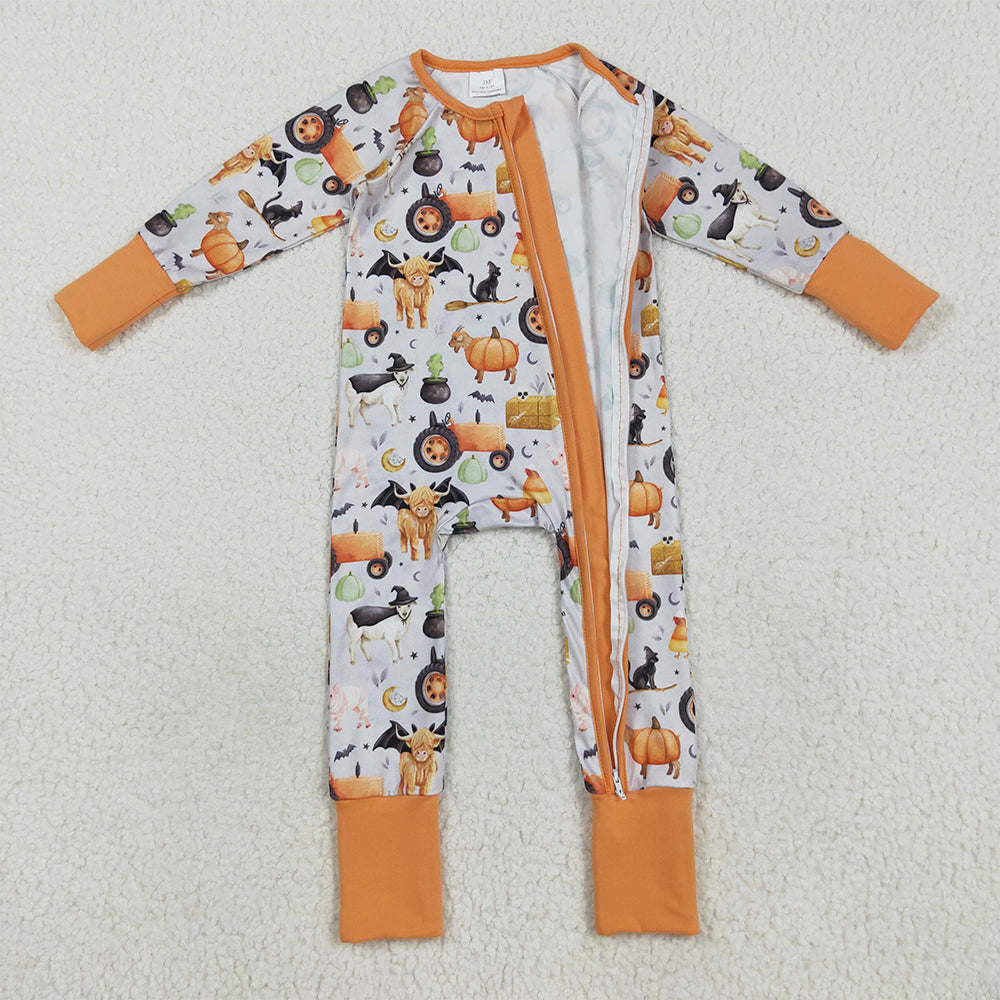 8.22 RTS NO MOQ (In stock)LR2444 Baby Girls Winter Rompers Baby Girls Farm Bats Pumpkins Halloween Zipper Footie Rompers