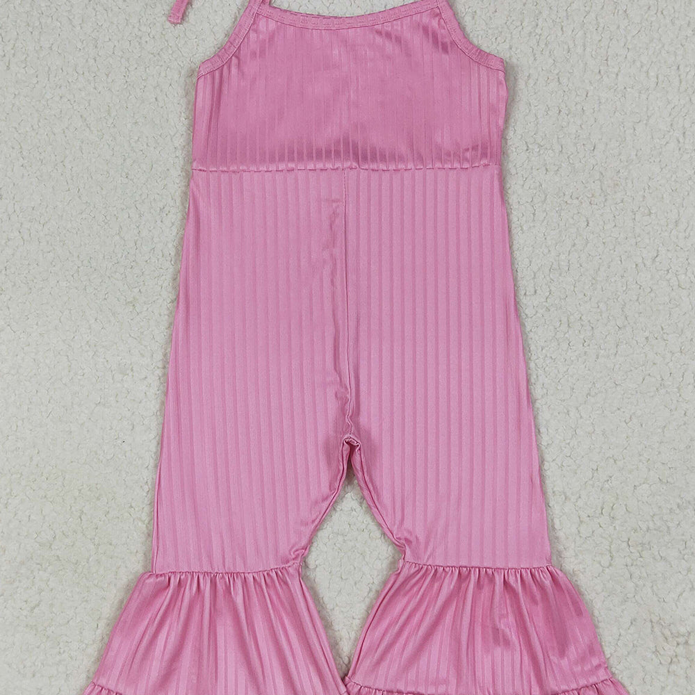 RTS NO MOQ (In stock)SR3156 Baby Girls Summer Jumpsuits Baby Girls Pink Strap Bell Bottom Ribbed Jumpsuits