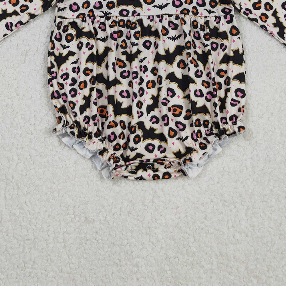RTS NO MOQ (In stock)LR2473 Baby Girls Winter Rompers Halloween Costume Leopard Bats Ruffle Rompers