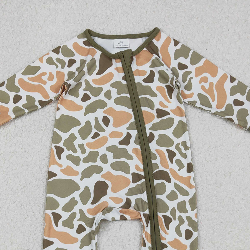 RTS NO MOQ (In stock)LR2578 Baby Boys Winter Rompers Green Yellow Camo Western Zipper Footie Rompers