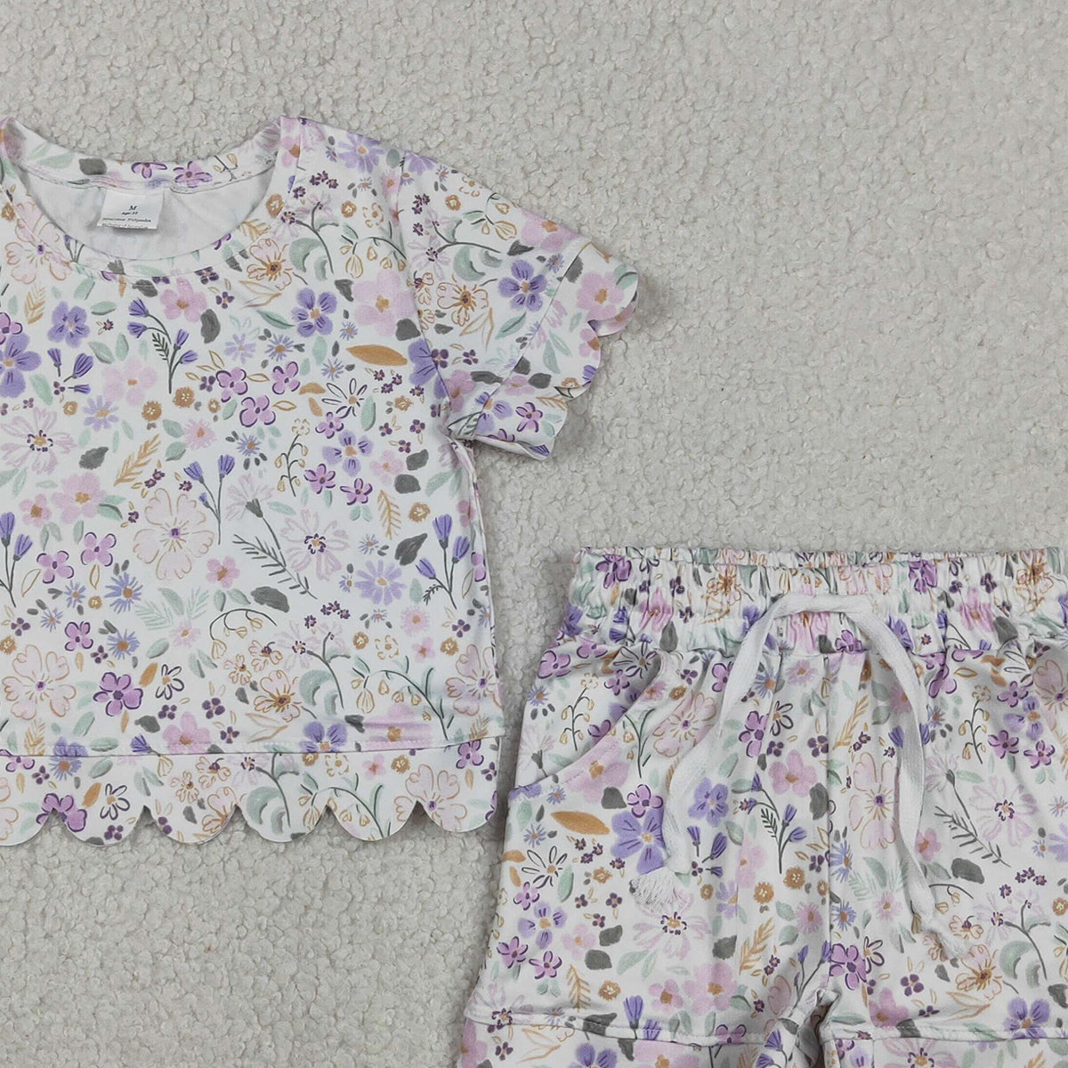 GSSO3267 RTS NO MOQ (In stock )Lavender floral scallop top shorts girls summer clothes