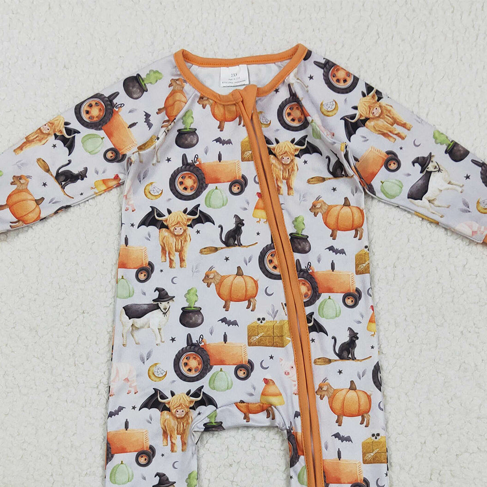 8.22 RTS NO MOQ (In stock)LR2444 Baby Girls Winter Rompers Baby Girls Farm Bats Pumpkins Halloween Zipper Footie Rompers