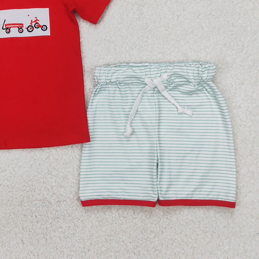 6.16 BSSO1432 RTS NO MOQ Baby Boys Summer Boys Outfits Embroidered bicycle red short sleeve green striped shorts set