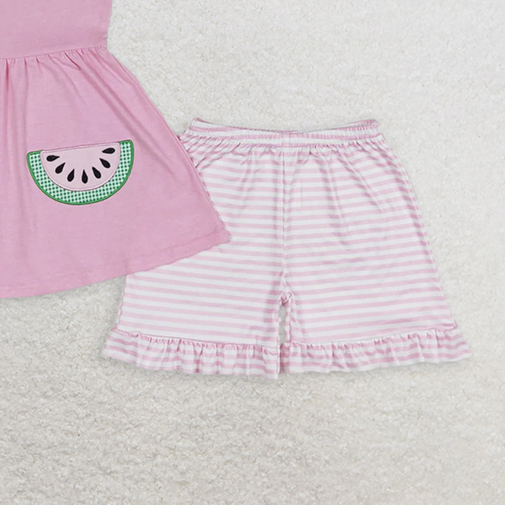 GSSO1055RTS NO MOQ Baby Girls Summer Outfits Embroidered watermelon striped lace doll collar pink sleeveless shorts suit
