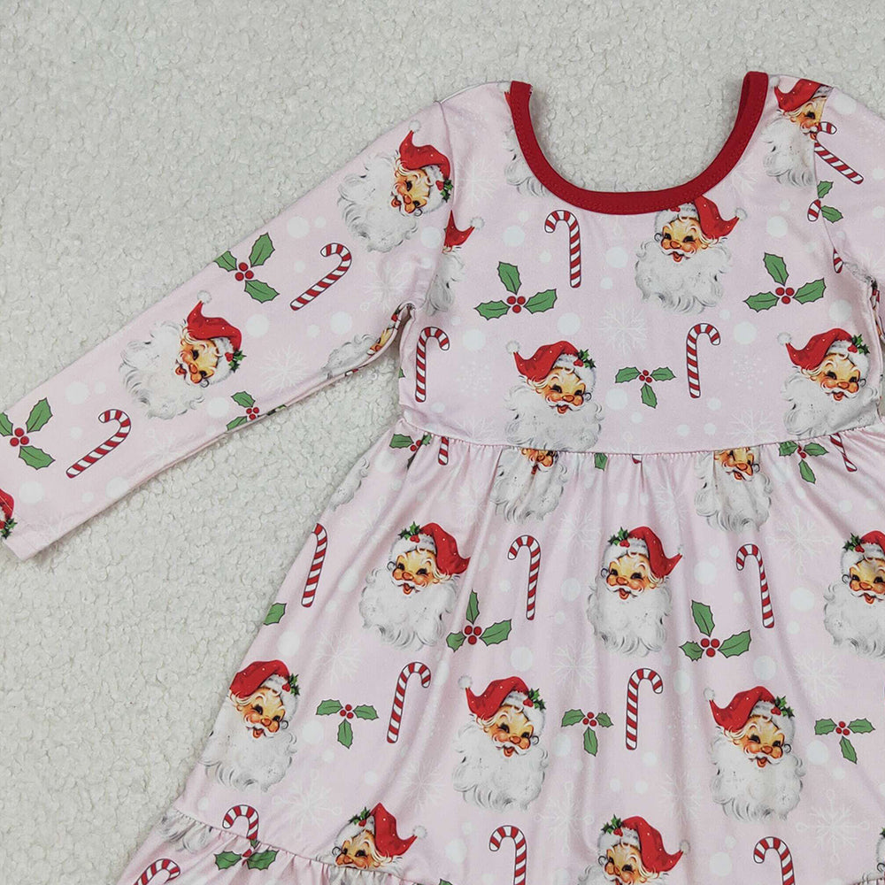 10.10 RTS NO MOQ (In stock)GLD1251 Baby Girls Winter Dress Baby Girls Santa Holly Candy Cane Christmas Ruffle Knee Length Dresses