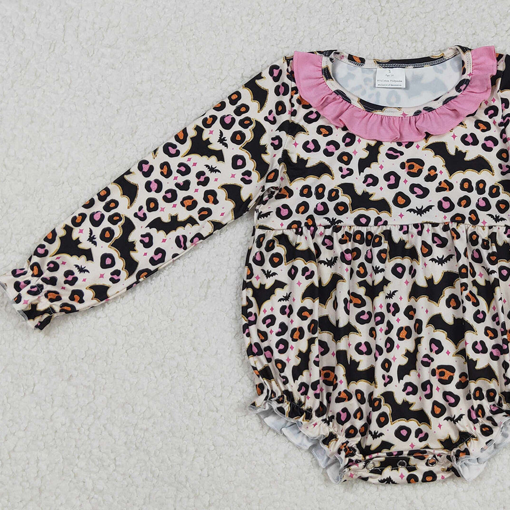RTS NO MOQ (In stock)LR2473 Baby Girls Winter Rompers Halloween Costume Leopard Bats Ruffle Rompers