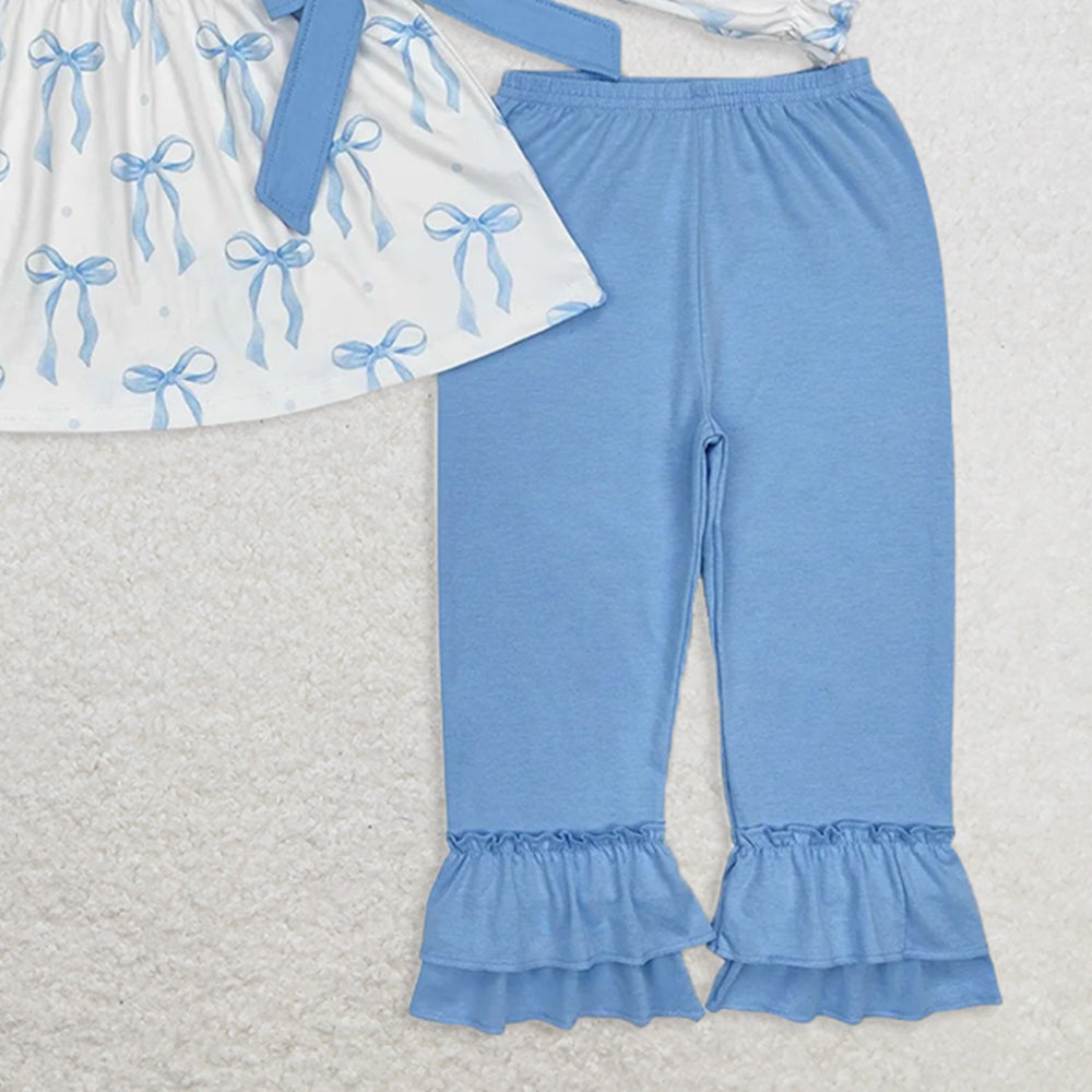 GLP2109 RTS NO MOQ Baby Girls Winter Outfits Light blue bow tunic ruffle pants girls clothing set
