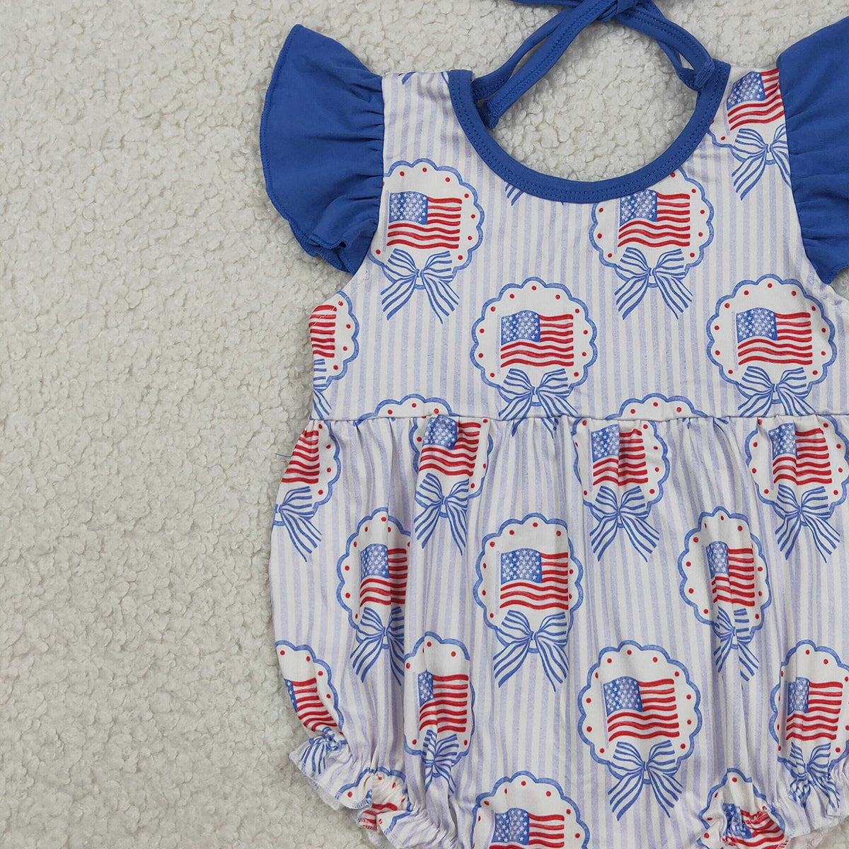 SR4029 RTS NO MOQ (In stock)Flutter sleeves bow flag stripe baby girls 4th of july romper