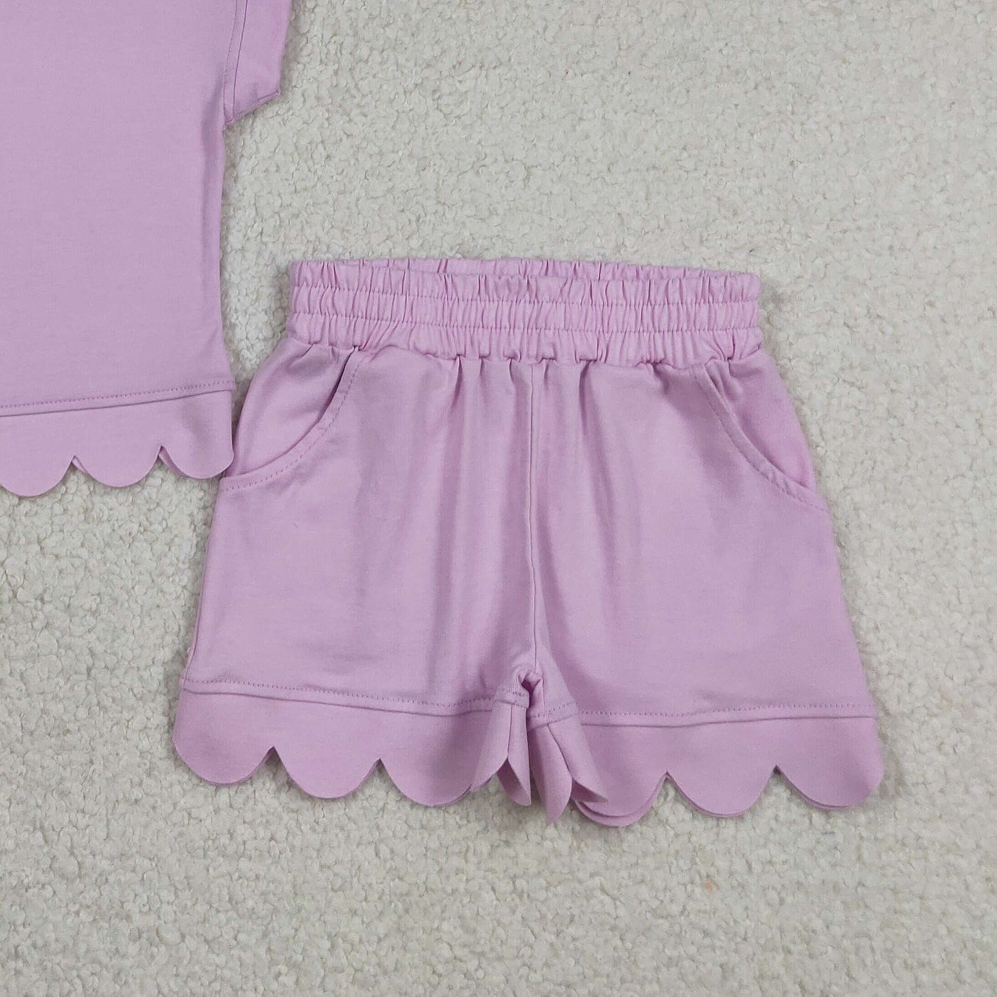 GSSO3378 RTS NO MOQ (In stock Baby Girls Summer Fashion Short Sleeve Purple Zipper Scallop Pullover Top Pockets Short Checked Set