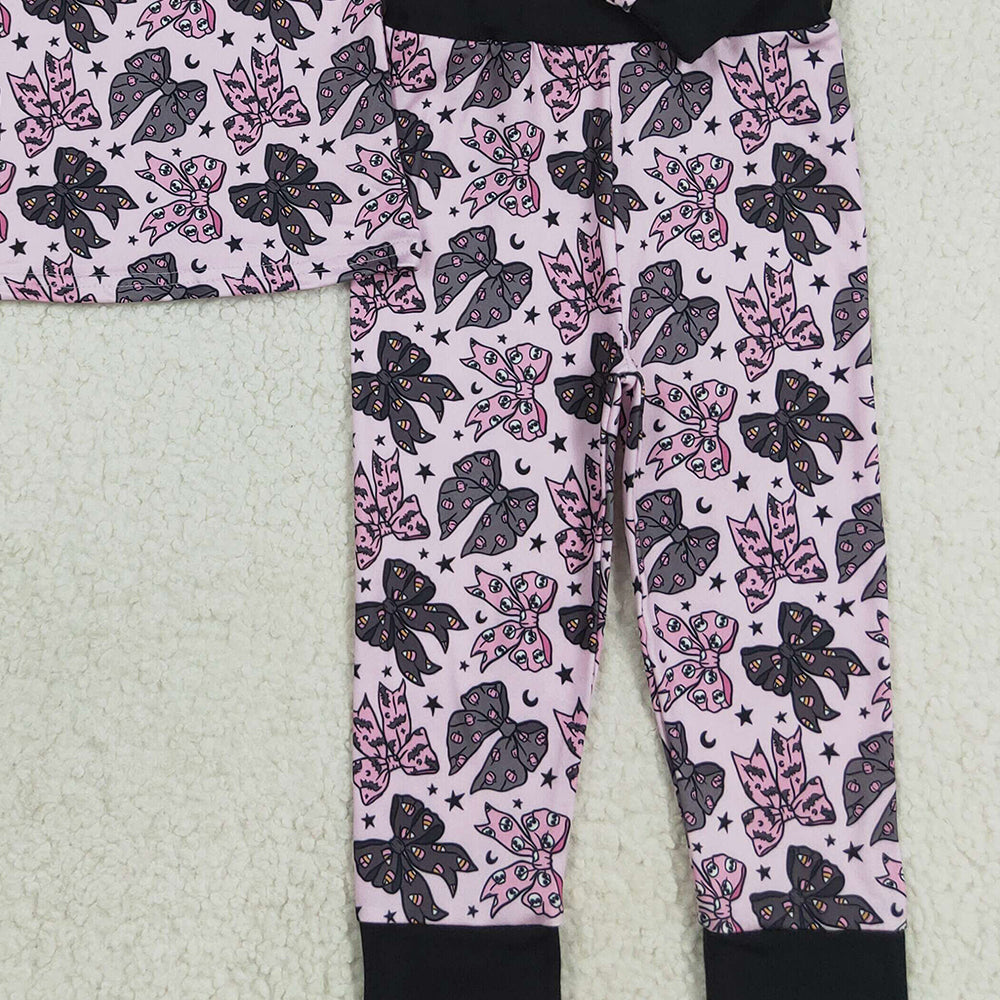 8.22 RTS NO MOQ (In stock)GLP2516 Baby Girls Winter Outfits Baby Girls Long Sleeves Black Pink Bows Stars Top Pant Pajamas Sets