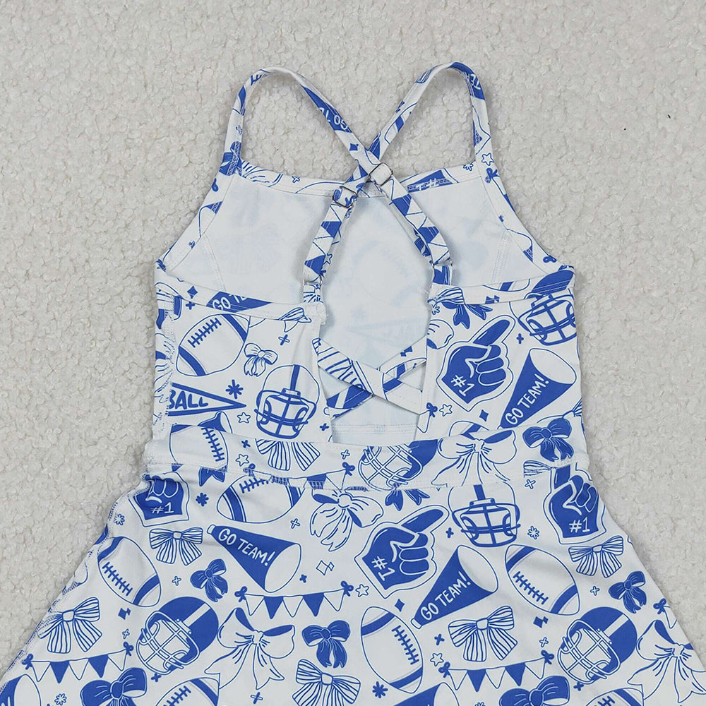 RTS NO MOQ (In stock)GSD2778 Baby Girls Summer Yoga Dress Blue Bow Straps Athletic Football Girls Dress Girls' Straps Blue Bow Football Dress