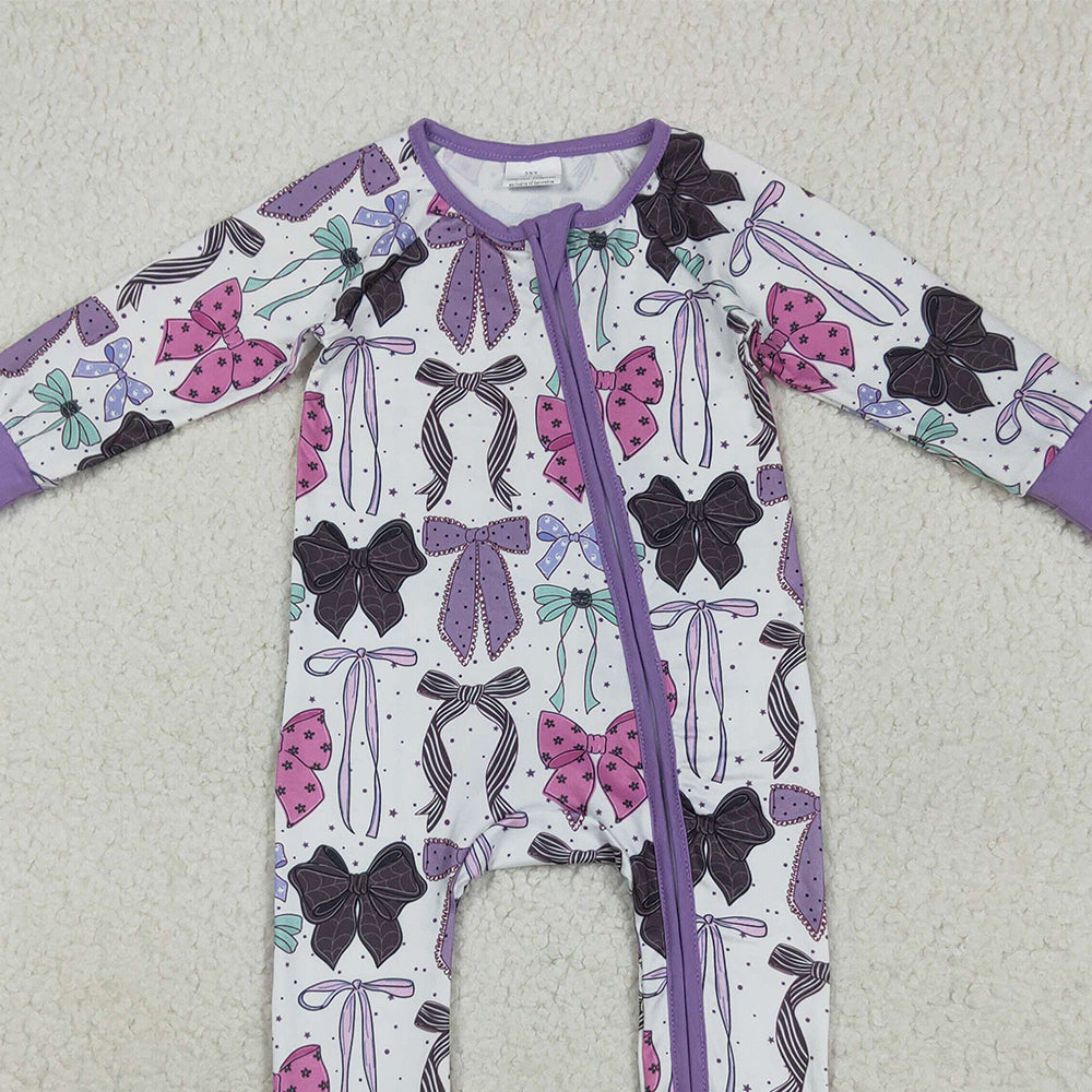 RTS NO MOQ (In stock)LR2358 Baby Girls Winter Rompers Baby Girls Long Sleeves Colorful Bows Zipper Rompers