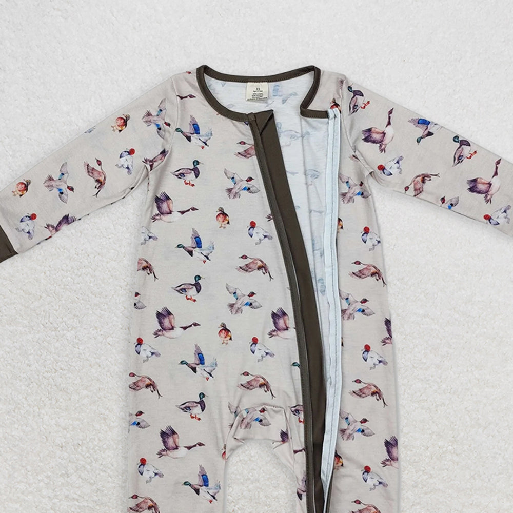 LR1880 RTS NO MOQ Baby Boys Winter Rompers Baby Infant Boys Grey Fall Ducks Hunting Zip Rompers preorder
