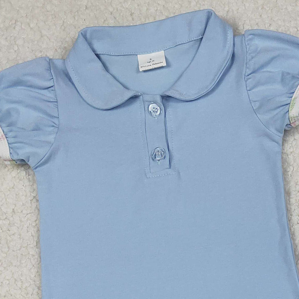 10.11 RTS NO MOQ (In stock)GSPO2069 Baby Girls Blue Button Shirts Top Floral Ruffle Leggings Clothes Sets