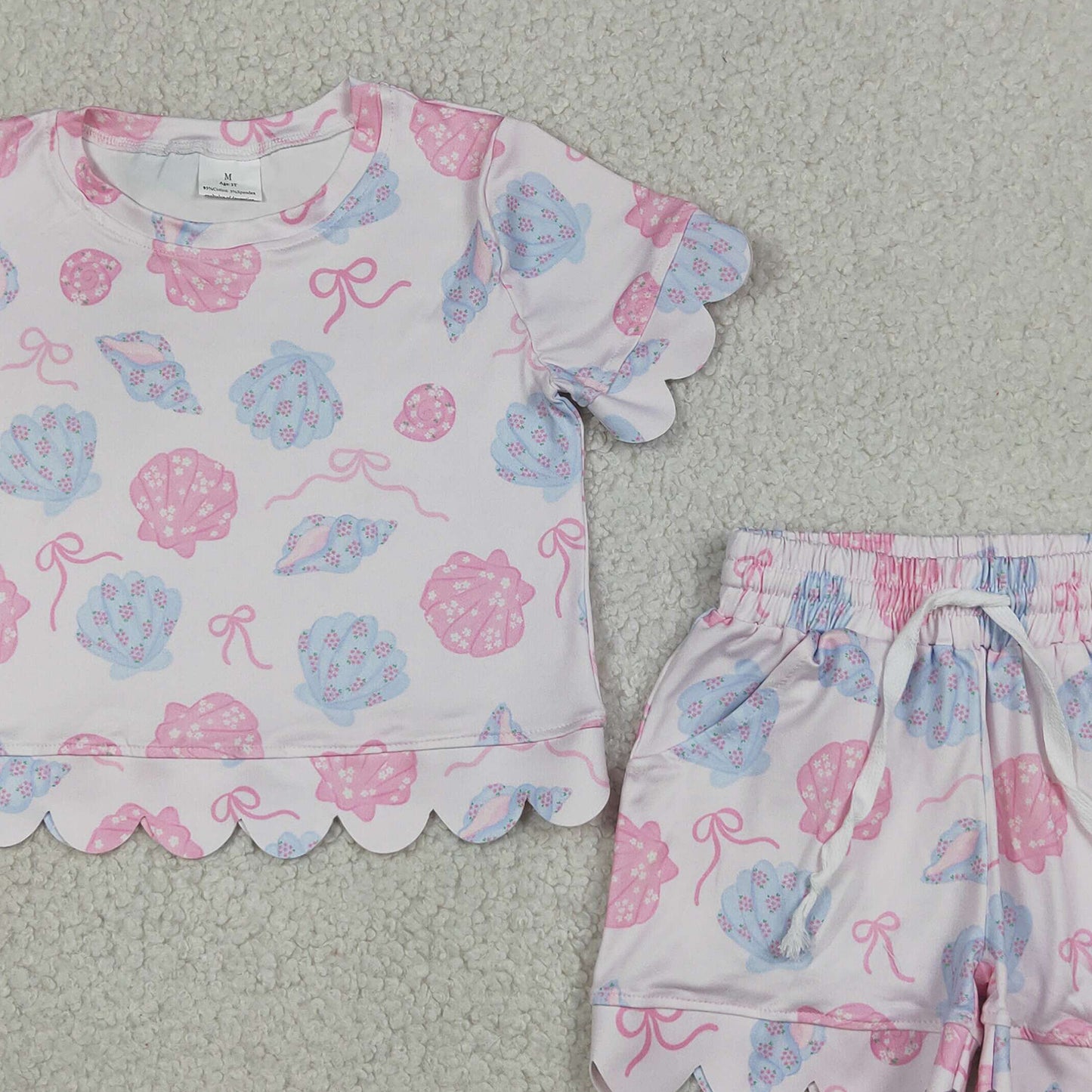 GSSO3731 RTS NO MOQ (In stock)Short sleeves scallop shell bow girls summer outfits