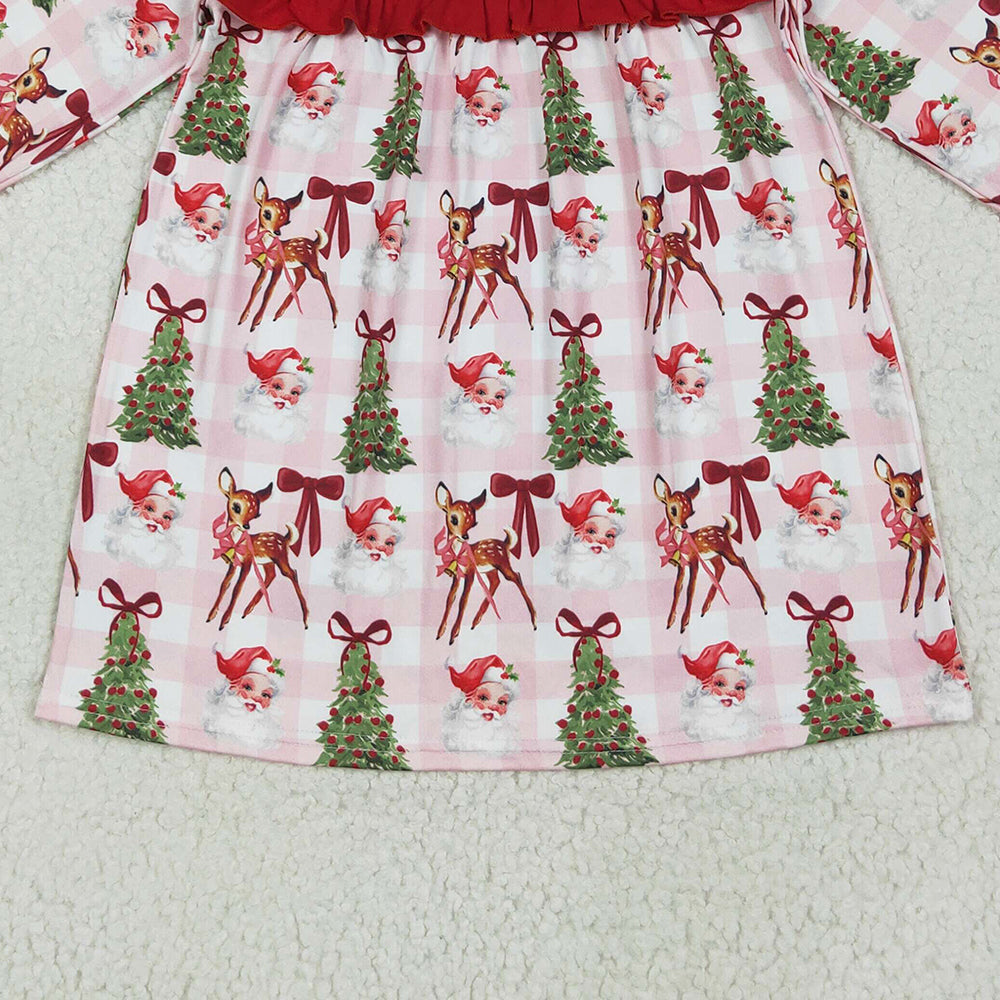 8.15 GLD1092 RTS NO MOQ Baby Girls Winter Dress Baby Girls Plaid Long Ruffle Sleeves Santa Trees Knee Length Dresses