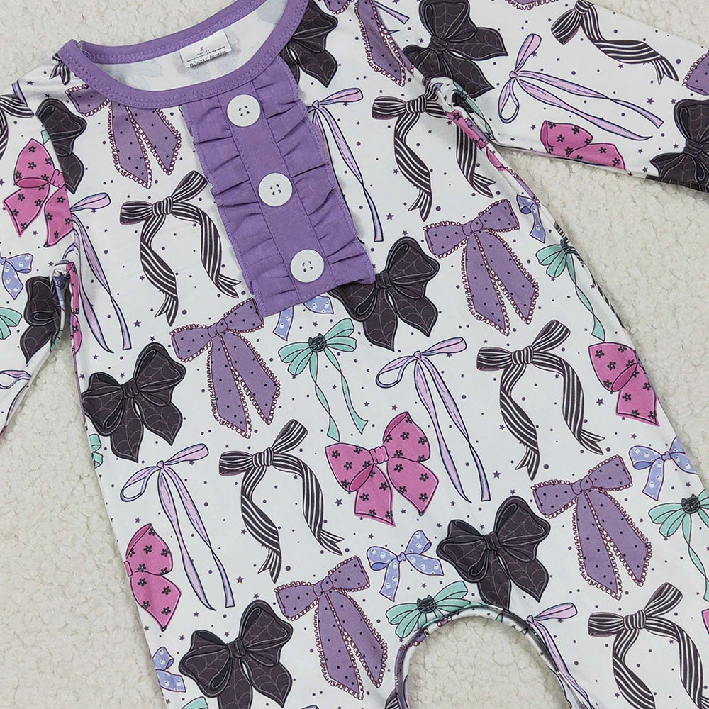 RTS NO MOQ (In stock)LR2355 Baby Girls Winter Rompers Baby Girls Long Ruffle Sleeves Purple Bows Button Pant Rompers