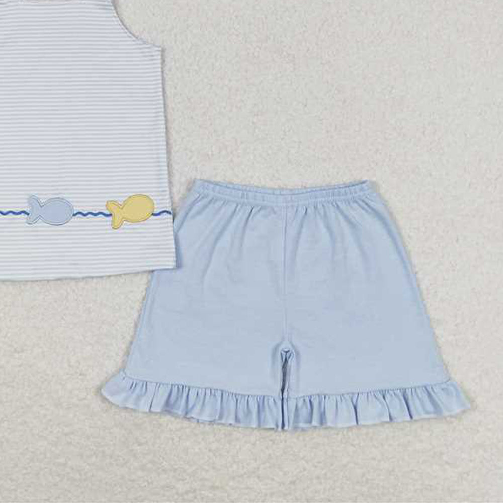 5.28 GSSO0809 RTS NO MOQ Baby Girls Summer Outfits Straps stripe fish top ruffle shorts girls summer clothes