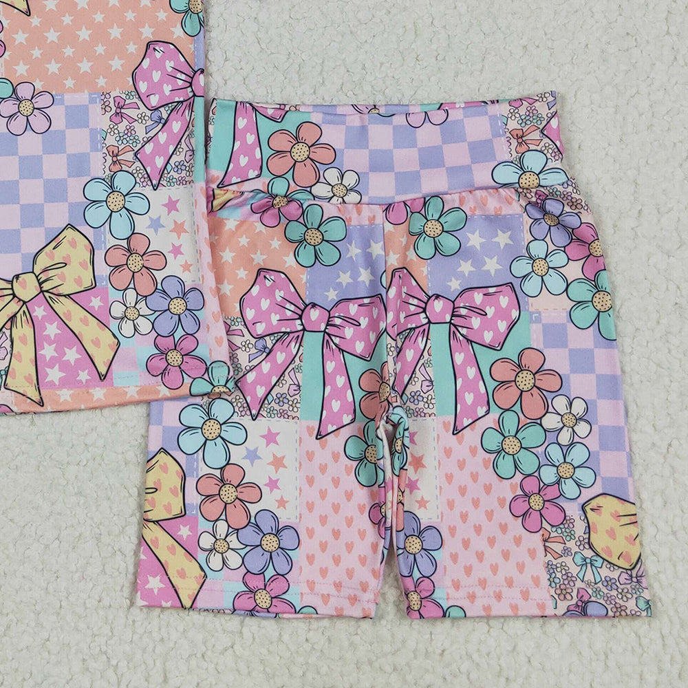 4.12 GSSO2509RTS NO MOQ Baby Girls Colorful Flower Bow Print Shorts Set