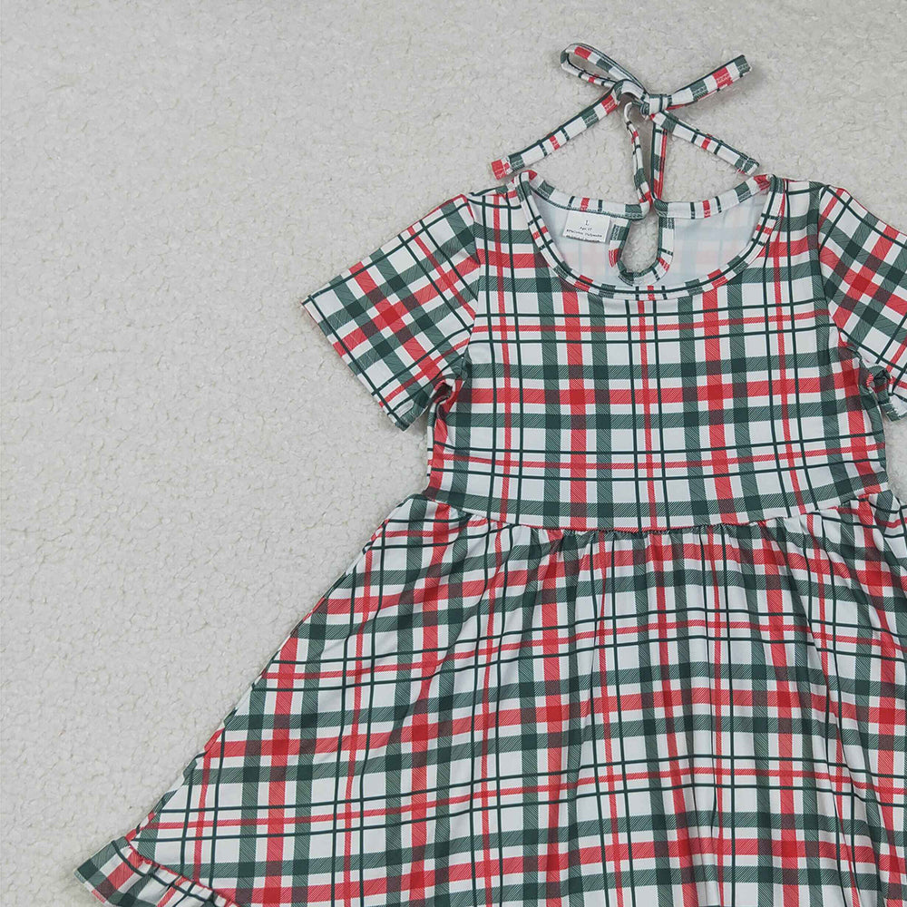 RTS NO MOQ (In stock)GSD2613 Baby Girls Summer Dress Baby Girls Red Green Checked Christmas Ruffle Knee Length Dresses