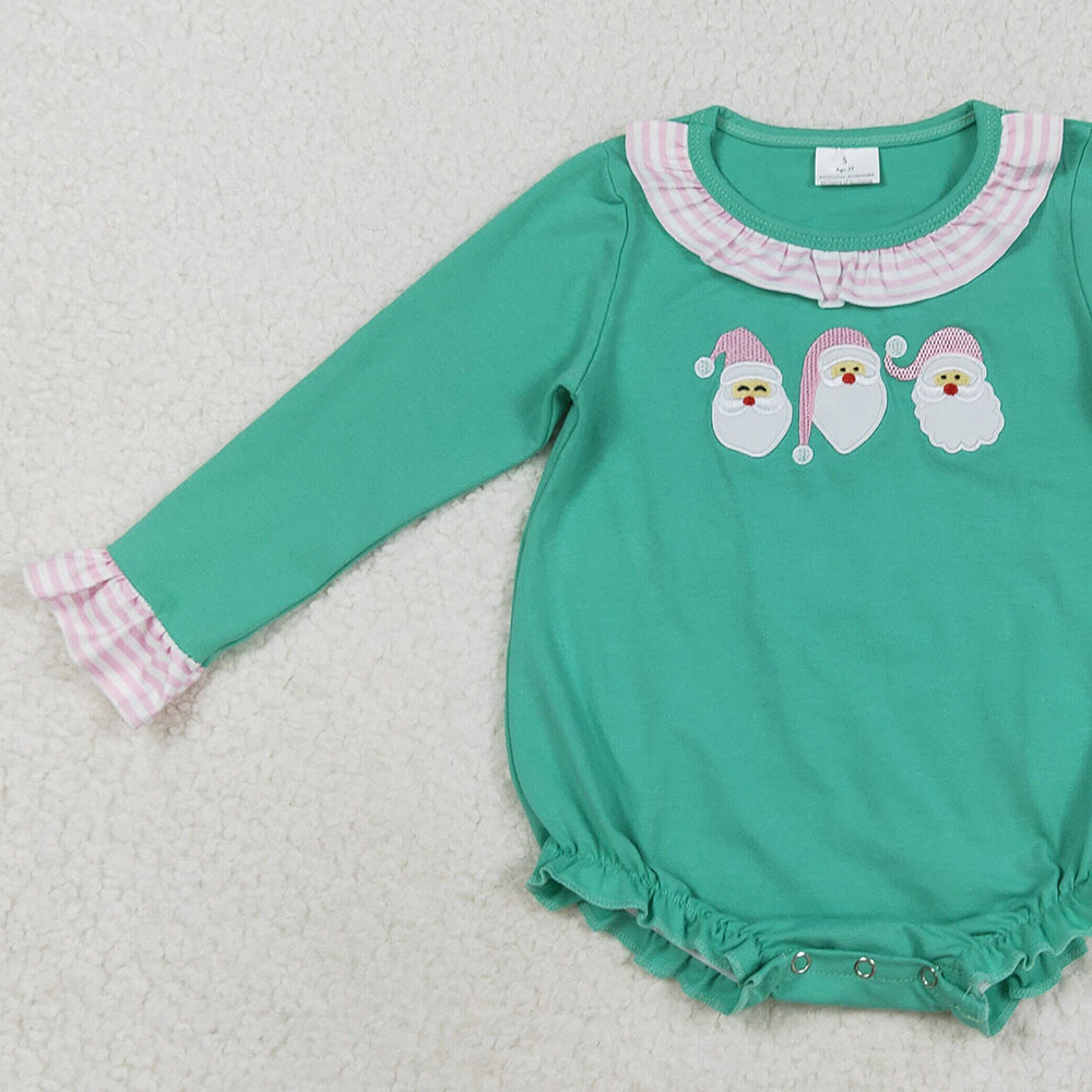 RTS NO MOQ (In stock)LR2411 Baby Girls Winter Rompers Embroidery Baby Girls Green Long Sleeves Santa Ruffle Rompers