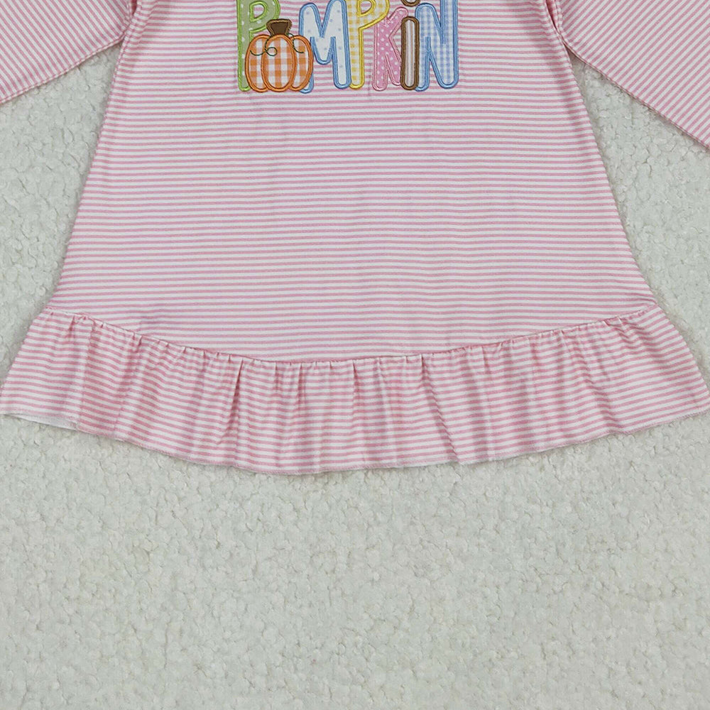 10.1 RTS NO MOQ (In stock)GT1183 Baby Girls Long Sleeve Tops Embroidery Pumpkins Baby Girls Pink Stripe Fall Tee Shirts Top