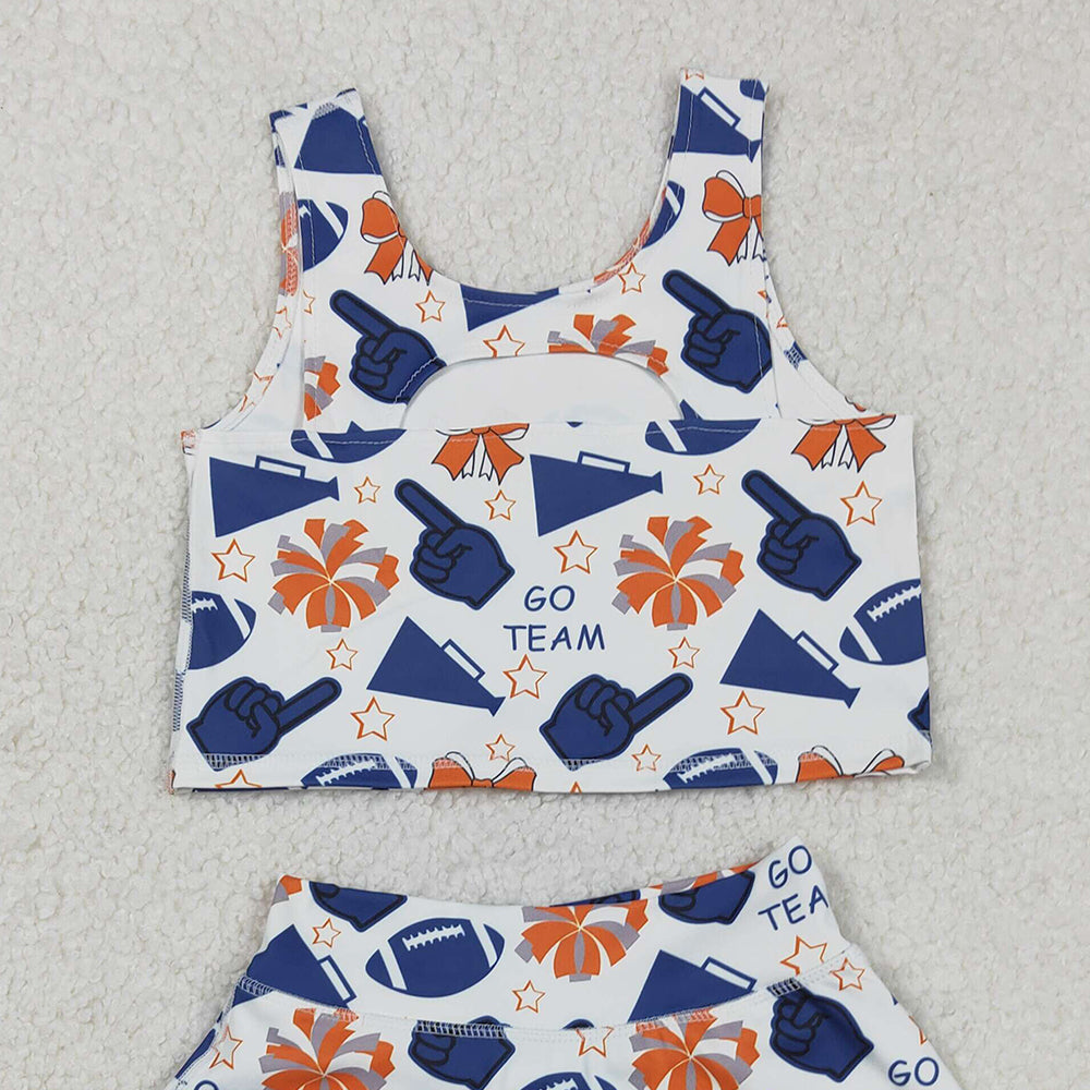 RTS NO MOQ (In stock)GSD2694 Baby Girls Yoga Sets Team Navy Footballs Yoga Sets Vest Top Short Skirts Fitness Clothing